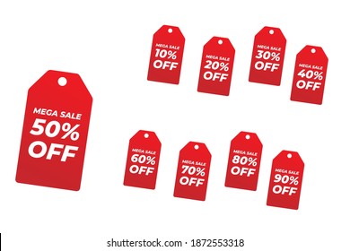 Sale tags set vector label template red vector max 10, 20, 90, 80, 30, 40, 50, 60, 70 percent off, vector illustration.