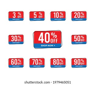Sale tags set vector template, 10 off, 20, 30, 40, 50, 60, 70, 80 , 90 percent off label symbols, discount flat icon.