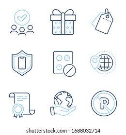 Sale tags, Smartphone protection and World travel line icons set. Diploma certificate, save planet, group of people. Medical tablet, Gift box and No parking signs. Vector