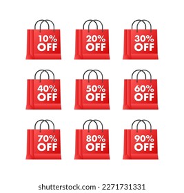 Sale tags. Special offer discount tag 10, 10, 20, 30, 40, 50, 60, 70, 80, 90 percent off price. Discount promotion