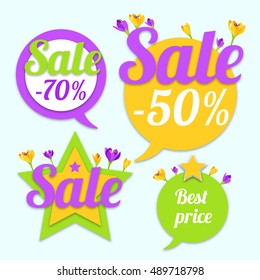 Sale Tags with stars and flowers. Best price and special offer. Vector illustration.