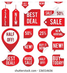 Sale Tags and Stickers Set - Set of red sale tags and stickers isolated on white background.  Eps10 file with transparency.