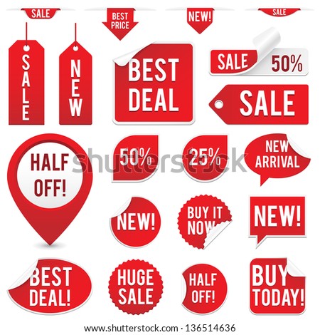 Sale Tags and Stickers Set - Set of red sale tags and stickers isolated on white background.  Eps10 file with transparency.