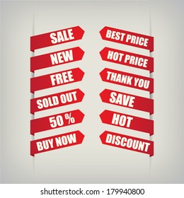 Sale Tags, text on red arrow. " SALE", "NEW", "FREE", "SOLD OUT", "BUY NOW", "BEST PRICE", "HOT PRICE", "THANK YOU", "SAVE", "HOT", "DISCOUNT". Vector