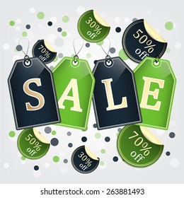 Sale tags vector background with labels and bubbles 