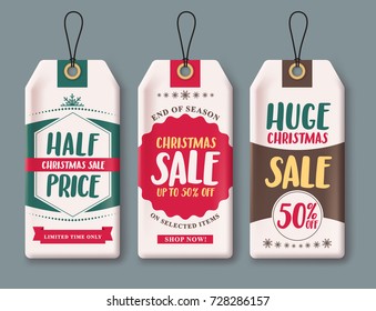 Sale tags vector set and labels for Christmas season hanging  in white paper with discount text like half price, huge sale and 50% off. Vector illustration.
