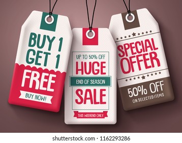 Sale tags vector set with patterns. Paper price tags in white with special offer sale and discount text hanging for end of season marketing promotion. Vector illustration.
