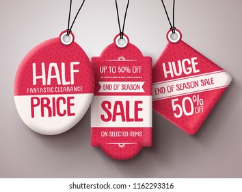 Sale tags vector set. Red paper price tags with huge sale and discount text in different shapes hanging for end of season retail promotion. Vector illustration.
