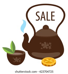 Sale. Teapot with a cup of tea. Colored illustration for design.