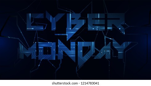 Sale Technology Banner for Cyber Monday. Broken inscription with microcircuits inside. Vector illustration, Cyber Monday