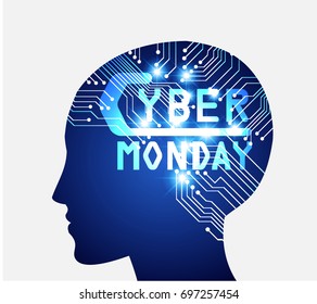 Sale technology banner for cyber monday, head idea brain