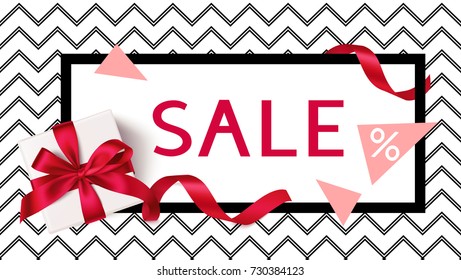 Sale template. Background with gift box, long ribbon and sale text.