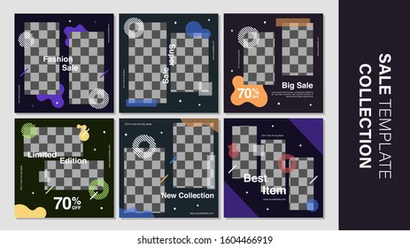 Sale template collection for promotion sale. Editable banner for social media post, web and internet. Sale square banner ads with dark geometry style