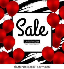 Sale Template Design. Red Luxury Balloons on White Background with Stripes and Trendy Square Frame. Seasonal sales. Space for text. Vector sales poster, flyer, template, tag, label, badge.