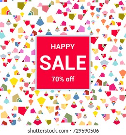 Sale template, discount banner on bright colorful background, random, chaotic, scattered geometric elements. Vector illustration