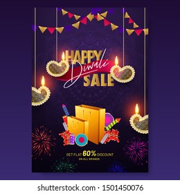 Sale template or flyer design decorated with hanging illuminated floral oil lamp (Diya), firecrackers and 60% discount offer for Happy Diwali celebration.