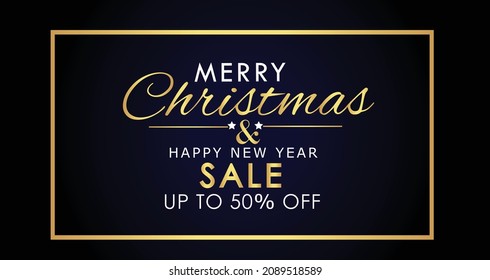 Sale Template for Merry Christmas and new year 2022 Shopping Sale. New year sale banner with gold shiny text on navy blue background. Used for online web store, online store, shop promo offer.