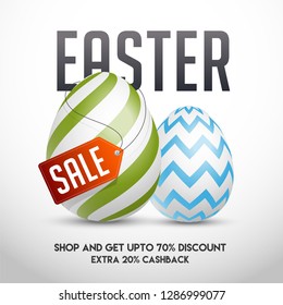 Sale template or poster design with 70% discount offer and extra 20% cashback for Easter celebration concept.