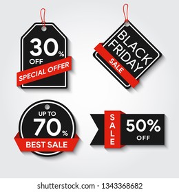 Sale template stickers. Black Friday discount icons. Save money stamp set. Red ribbon sales. Special offer. Limited time only. Vector illustration.