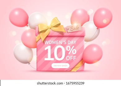 Sale template for Women's Day, decorated by a large gift box with golden ribbon bow and flying balloons on cherry blossom pink background