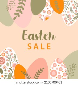 Plantillas de venta con silueta de huevo de Pascua y flores en colores pastel. Folklore ilustrativo adorables huevos primaverales en estilo plano y espacio para su texto. Vector