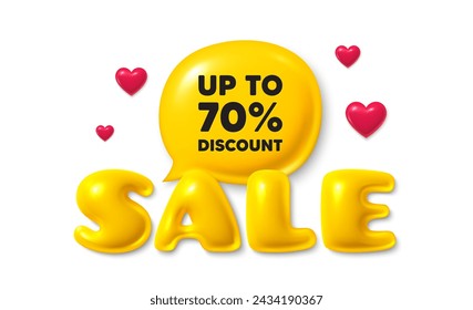 Sale text 3d banner with chat bubble. Up to 70 percent discount. Sale offer price sign. Special offer symbol. Save 70 percentages. Discount tag chat message. 3d speech bubble offer banner. Vector