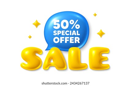 Sale text 3d banner with chat bubble. 50 percent discount offer tag. Sale price promo sign. Special offer symbol. Discount chat message. 3d speech bubble offer banner. Sale text balloon. Vector