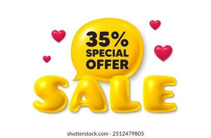 Sale text 3d banner with chat bubble. 35 percent discount offer tag. Sale price promo sign. Special offer symbol. Discount chat message. 3d speech bubble offer banner. Sale text balloon. Vector