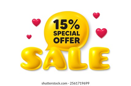 Sale text 3d banner with chat bubble. 15 percent discount offer tag. Sale price promo sign. Special offer symbol. Discount chat message. 3d speech bubble offer banner. Sale text balloon. Vector