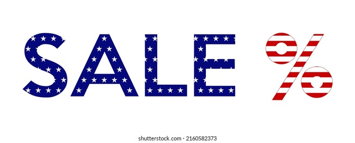 Sale text in American flag colors isolated vector banner.USA patriotic red white, blue design with stars and stripes.Percent sign.4th July Independence Day or Memorial Day special offer deal concept. 