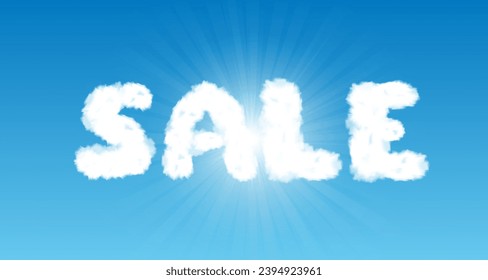 Sale text from clouds on background of blue sky with sun. Spring or summer banner with white cloudy font with sunlight rays in heaven, vector illustration