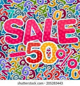 Sale text with color numbers in background. Set of vector numbers, ready to use.