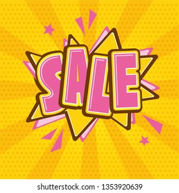 Sale text and comic speech bubble illustration with sunshine background