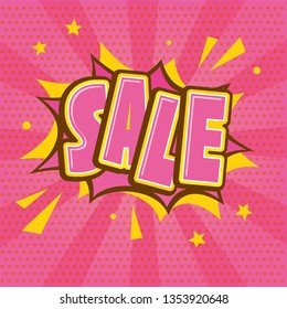 Texto de venta e ilustración cómica de burbuja de habla con fondo de sol