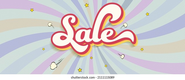 Sale. Text design over background with colored rays, clouds and stars. Vector 3d illustration. Retro text design in sixties years style.