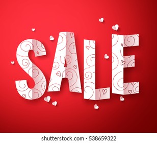 Sale text in folded paper cut for valentines day discount promotion vector concept with heart shape elements in red background. Vector illustration.
