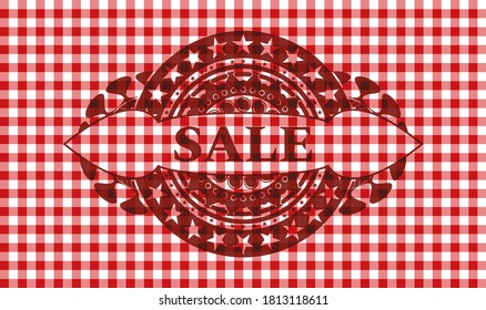 Sale text inside red checkered tablecloth realistic emblem. Restaurant fancy background. Intense illustration. 