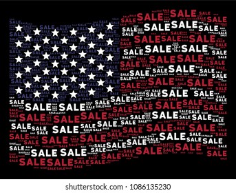 Sale text items are organized into waving USA flag stylization on a dark background. Vector concept of American state flag is formed of sale text items. Designed for political and patriotic agitation.