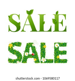 Sale Text With Leaves With Gradient Mesh, Vector Illustration
