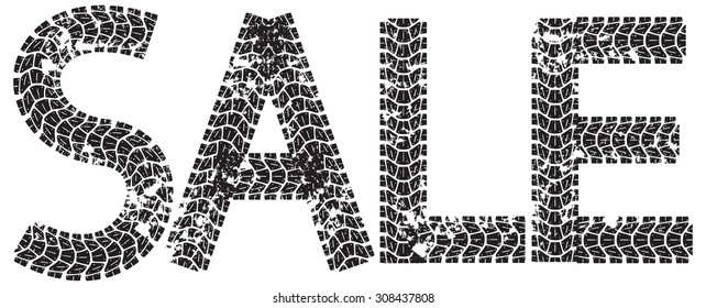 Sale text with the letters made from motorcycle tire tracks, isolated on white