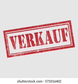 sale text on German (Verkauf) rubber seal stamp watermark. Caption inside rectangular banner with grunge design and dirty texture. Slanted vector ink sticker on paper background.