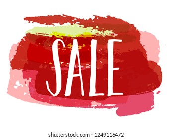 Sale text on pain or ink brush stroke sharp background. Hand drawn lettering label and painted background. Sale label calligraphic text. Advert design isolated element. Sticker, tag, badge.
