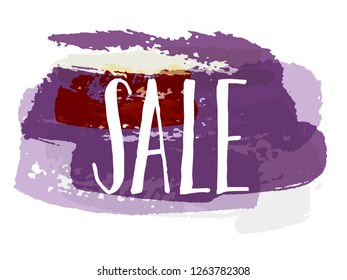 Sale text on pain or ink brush stroke grunge background. Hand drawn lettering label and painted backdrop. Sale label calligraphic text. Banner design isolated element. Sticker, tag, badge.