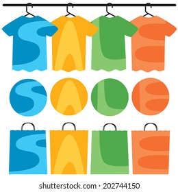 Sale text on shirts, circles and shopping bags.