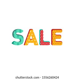 Sale text on white background in vector. Colorful 3D letters with detailed elements and texture. Cartoon element for the theme of shopping and sales. For banners, posters, leaflets, social networks