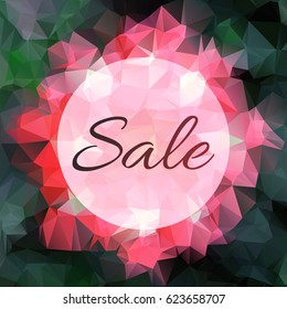 Sale text in round frame on spring or summer colors triangular vector pattern background. Seasonal give away, sell-out banner design layout. Polygonal triangles, sale vector lettering. Sale banner.