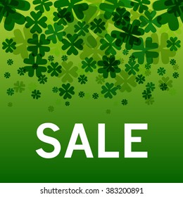 Sale text as Saint Patricks Day badge, tag and icon on textured background. Hand drawn Irish lettering typography for postcard, card, banner template. Typographic design with green clover.Vector EPS10