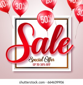 Sale text typography vector banner with percent written in red balloons element in a white background for store marketing promotions. Vector illustration.
