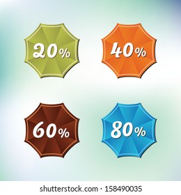 Sale text with umbrellas, vector label illustration