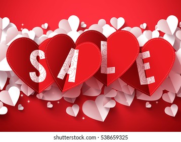 Sale text vector design for valentines day in folded red heart shape paper with hearts elements in red background. Vector illustration.
